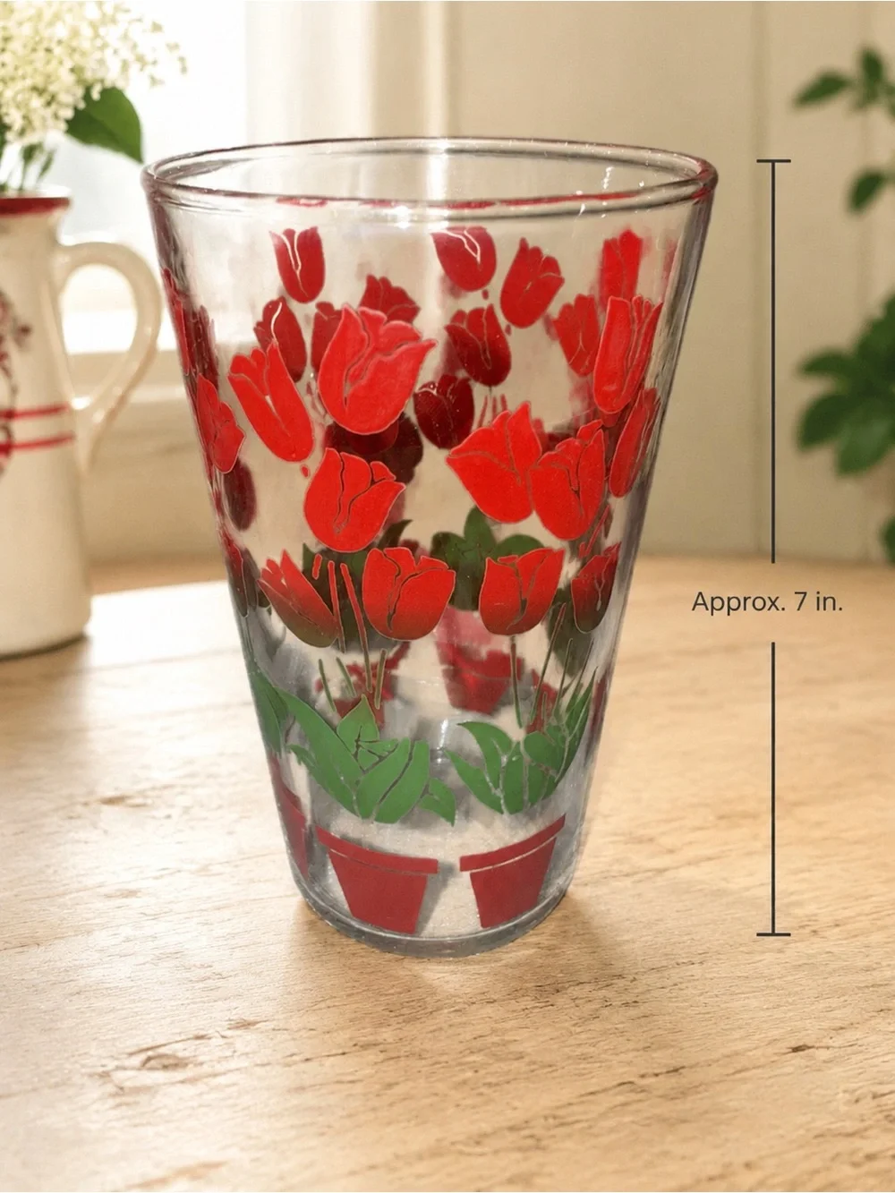 Vintage Red Tulip Drinking Glasses Set of 8 w/ Metal Carrier Caddy  Floral